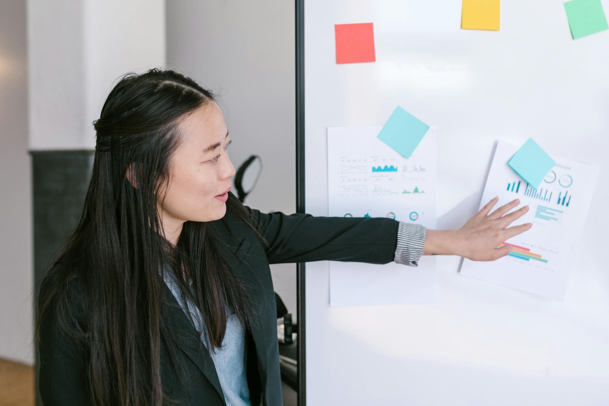 An Asian businesswoman presenting business ideas with graphs on a whiteboard in an office setting.